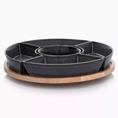 DUKA Five Section Rotating Serving Tray in Black with Wood Base