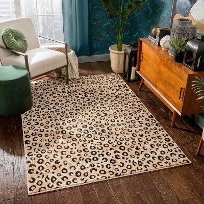 Leopard Print Black and Beige Synthetic Rectangular Area Rug 6'7" x 9'6"