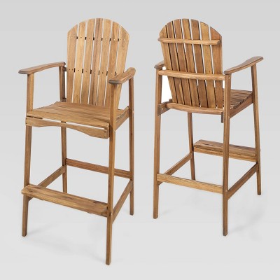 Natural Acacia Wood Outdoor Adirondack Barstools with Arms, Set of 2