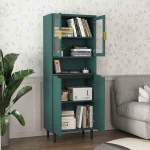 Gulches Tall Storage Bookcase with 4 Tempered Glass Doors - Adjustable Shelves MDF Painted Cabinet for Living Room Bedroom Storage (Green) - 1 of 4