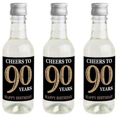 Big Dot of Happiness Adult 90th Birthday - Gold - Mini Wine & Champagne Bottle Label Stickers - Birthday Party Favor Gift for Women & Men - Set of 16