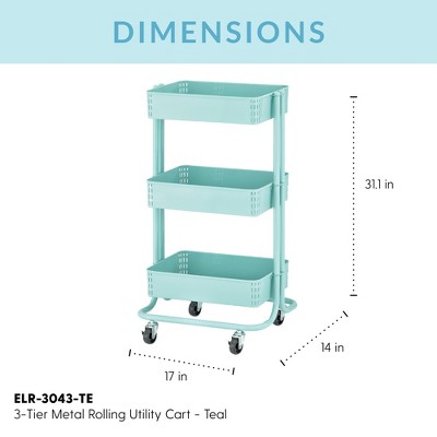Teal 3-Tier Metal Rolling Utility Cart with Mesh Baskets