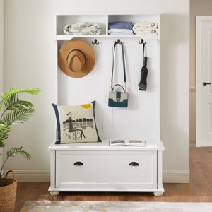 4-In-1 Design MDF Hall Tree Entryway With Bench ,4 Hooks Coat Rack And Shoe Storage,For Hallways,Living Room-Cuddlewood - 1 of 4