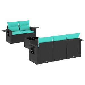 vidaXL 6 Piece Patio Sofa Set with Cushions Black Poly Rattan - Black and Blue - 1 of 4