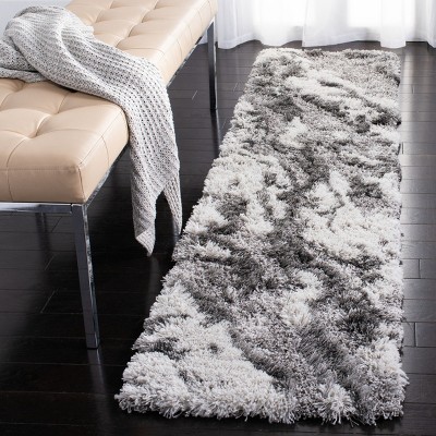 Gray and Ivory Abstract Shag Runner Rug