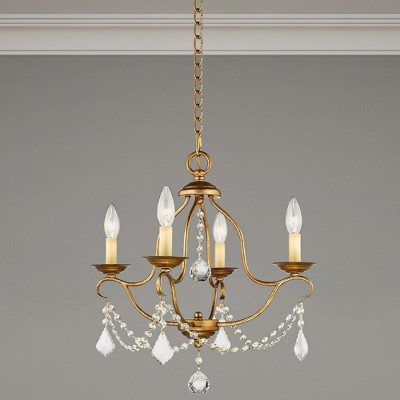 Antique Gold Leaf Brass Mini 4-Light Chandelier with Crystal Accents