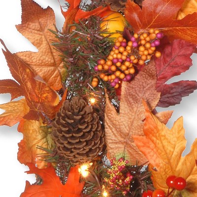 24" Orange Maple Leaf Wreath with Clear Lights and Pinecones
