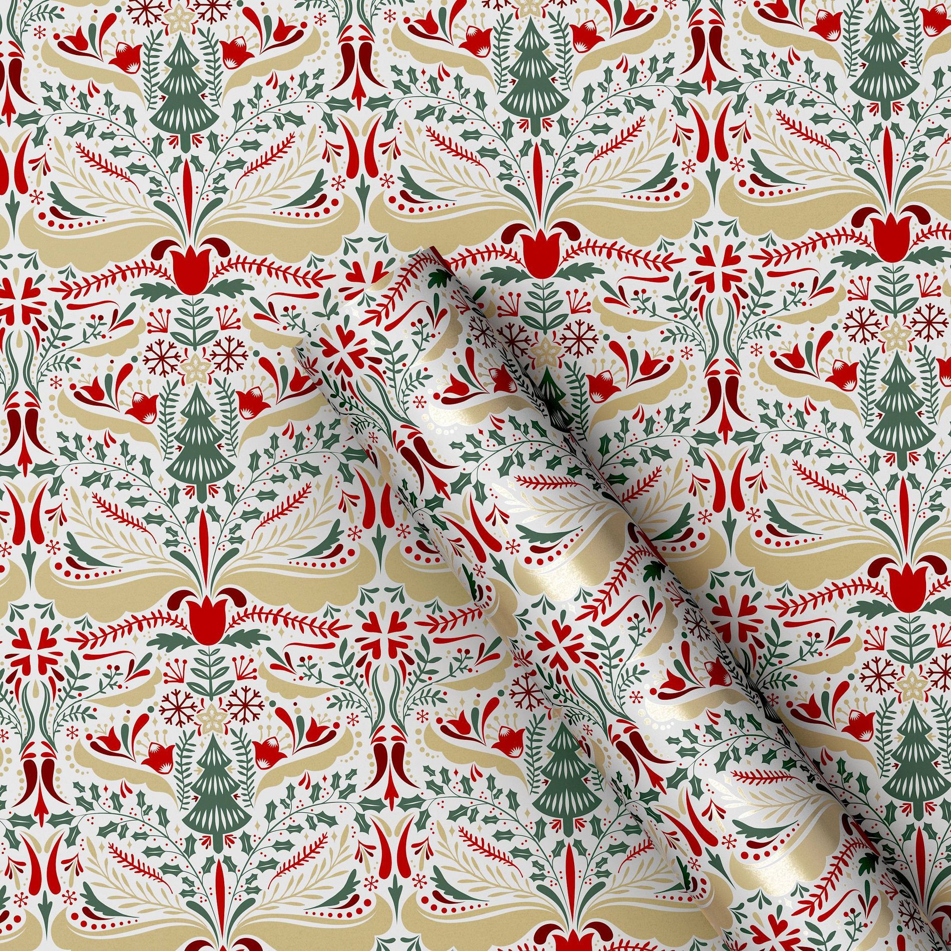 30” 25 sq ft Christmas Roll Wrap Scandinavian Florals and Trees - Wondershop™
