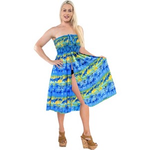 LA LEELA Women's House Daily Routine Evening Wear Strapless Mini Elastic Tube Top Tube Casual Backless Dress Top Short Club One Size Blue, Tree - 1 of 4