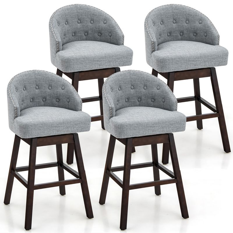 Costway Set of 4 Swivel Bar Stools Tufted Bar Height Pub Chairs with Rubber Wood Legs Grey/Beige, 1 of 10