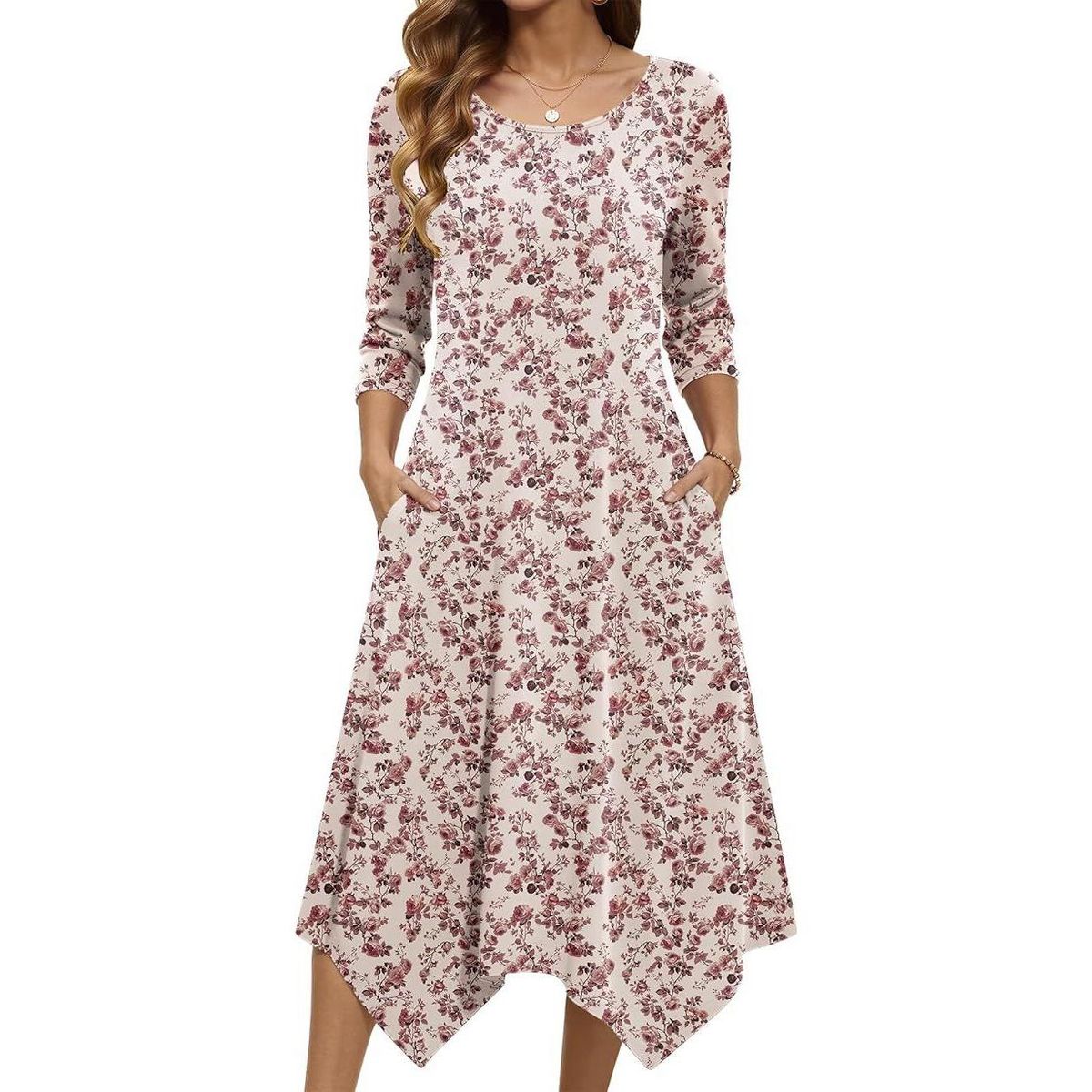 Zeagoo Midi Dresses Women 2026 Spring Dress 3/4 Sleeve Casual Dresses with Pockets A Line Summer Beach Sundress