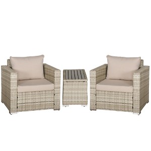 Outsunny 3 Piece Patio Furniture Set, PE Rattan Small Wicker Balcony Furniture, Table & Chairs with Cushions Composite Table for Apartment, Gray - 1 of 4