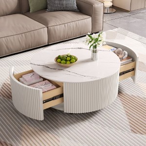 Modern Round Movable Coffee Table with Casters, 2 Drawers and Marble Pattern Top ¨C Perfect for Living Room or Small Spaces - 1 of 4