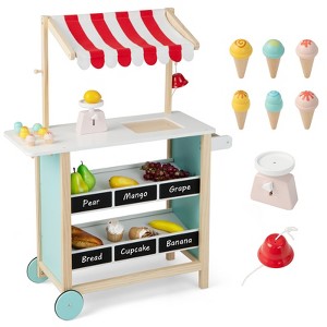 Costway Kids Ice Cream Cart Wooden Toddler Farmers Market Stand with Chalkboard & Storage White/Green - 1 of 4
