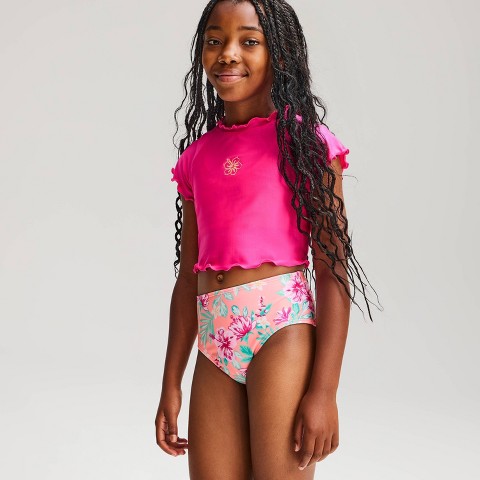 Cat & Jack Girls' Tropical Hibiscus Short Sleeve Rash Guard Bikini Set - Cat & Jack™ Pink S