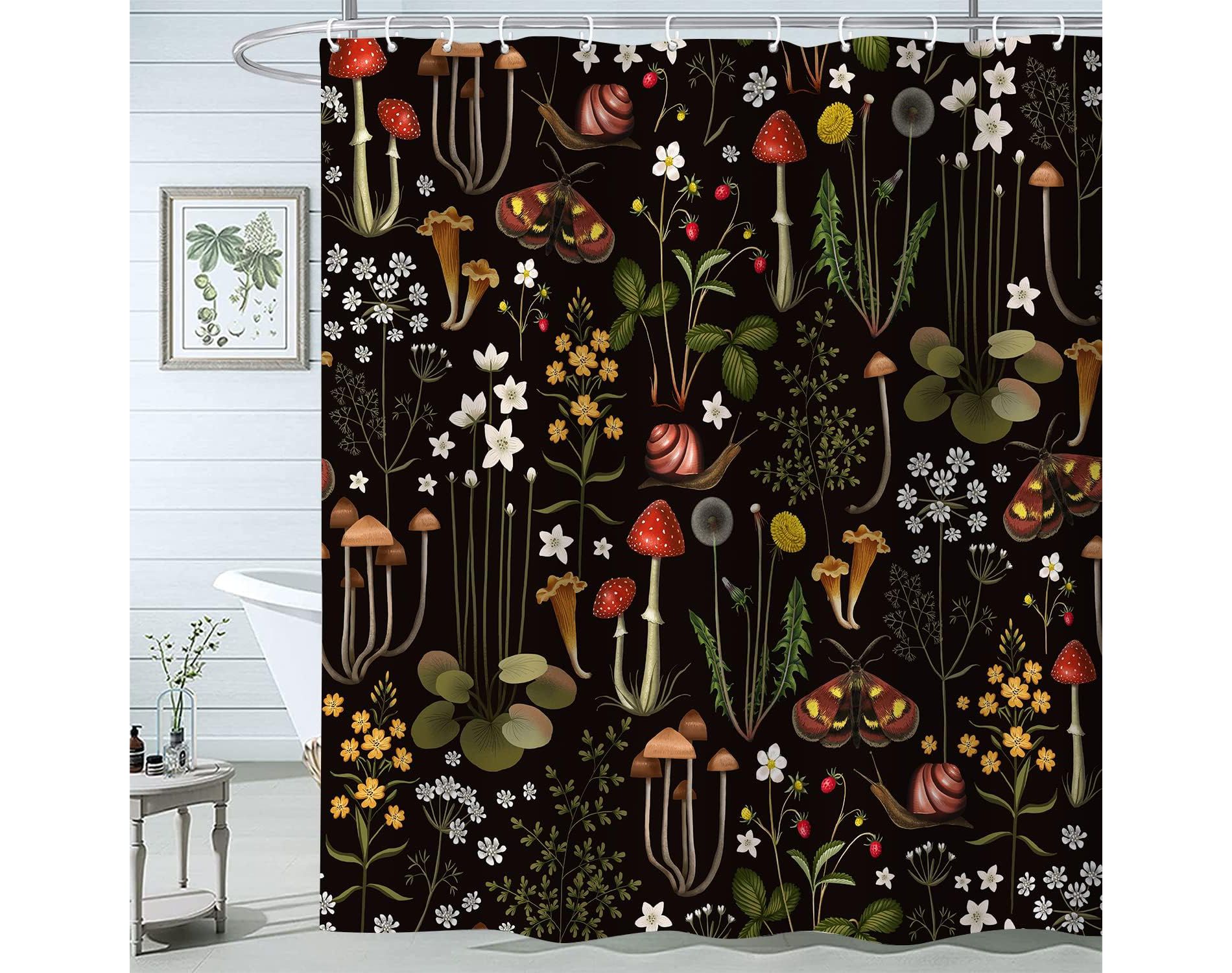 Retro Mushroom Shower Curtain for Bathroom, Fairy Forest Flowers Plants on Black Background,70.8"