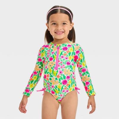 Image of Baby Girls' Long Sleeve Rash Guard One Piece Swimsuit - Cat & Jack™ 12M: Multicolor Floral Print, UPF 50+, Zipper Closure
