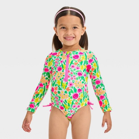 Toddler Girls Long Sleeve Rash Guard One Piece Swimsuit Cat