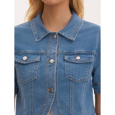 INSPIRE CHIC Women's Short Sleeve Turndown Collar Curve Hem Pockets Denim Cropped Jean Jacket Small Light Blue — фото 5