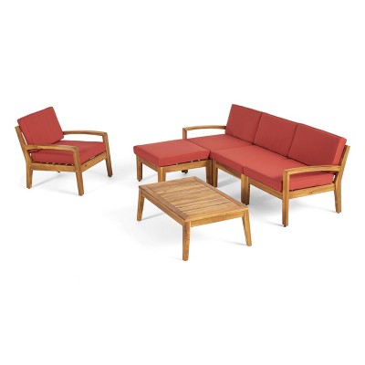 Grenada 6pc Acacia Wood Sofa Set - Teak/Red - Christopher Knight Home