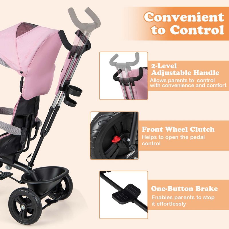 Babyjoy 4-in-1 Multifunctional Tricycle Kids Trike with Removable Canopy & Push Handle Black/Gray/Pink, 4 of 11