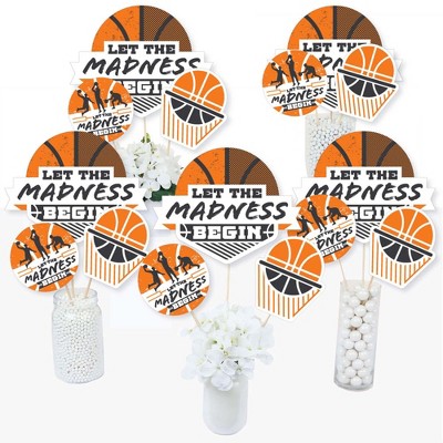 Big Dot of Happiness Basketball - Let The Madness Begin - College Basketball Party Centerpiece Sticks - Table Toppers - Set of 15