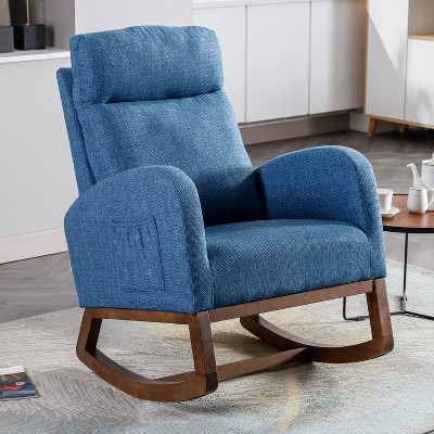 MOONMISS  Modern Linen Glider Chair with Wood Legs and Side Pocket, Rocking Accent Chair with High Back for Living Room Bedroom