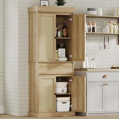 Tall Kitchen Pantry Cabinet - Rattan Doors, Adjustable Shelves, Freestanding Cupboard