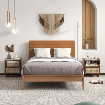 Brown Bamboo Rattan Nightstand with Drawer and Glass Top