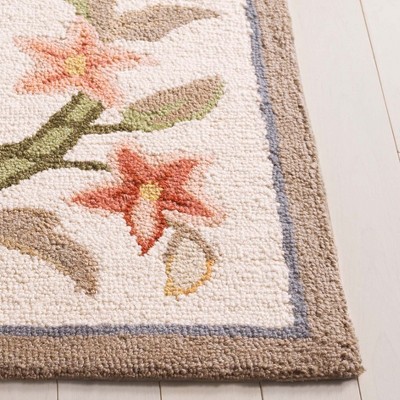 Ivory Floral Hand-Hooked Wool Runner Rug, 2'6" x 18'