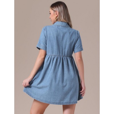 Женские платья INSPIRE CHIC Women's Denim Babydoll Tiered Short Sleeve Button Down Jean Shirt Dresses Light Blue Large — фото 4