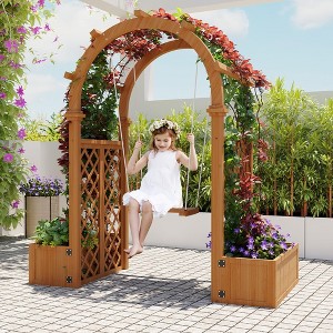 Wood Garden Arbor with Planter Boxes and Swing - Outdoor Arch Trellis with Pergola for Climbing Plants Vines - 1 of 4