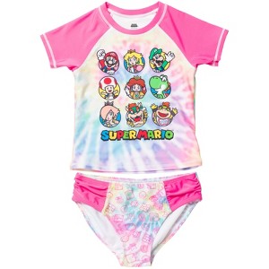 SUPER MARIO Nintendo Yoshi Mario Princess Peach Big Girls Rash Guard and Bikini Bottom Tie Dye Multicolor 14-16 - 1 of 4