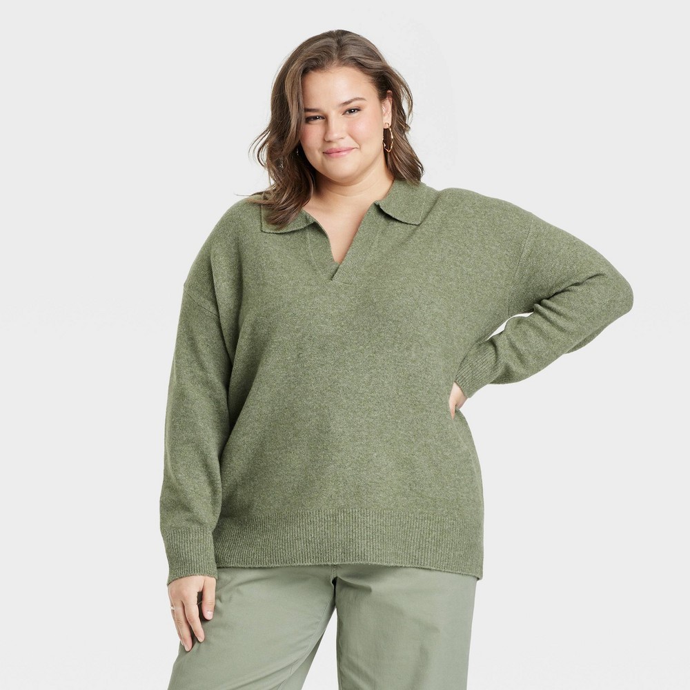 Women's Cozy Knit Polo Collar Pullover Sweater - A New Day™ Green 1X