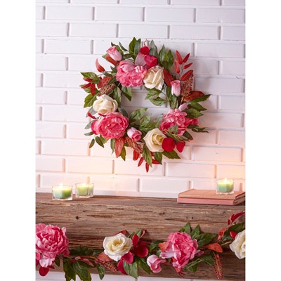 Spring/Summer Artificial Floral Grapevine Wreath with Pink and White Roses