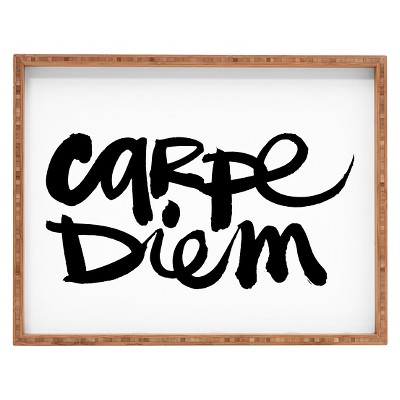 Deny Designs Kal Barteski Carpe Diem Rectangle Tray - Black/White: Elegant Wood Serving Platter, 18"x14"