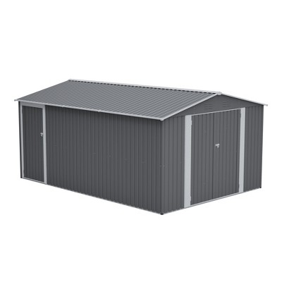 Vynxaria 10x14FT Outdoor Metal Storage Shed,Large Waterproof Garden Shed with 3 Lockable Doors, Side Door&4 Air Vents for Backyard/Patio, Light Gray