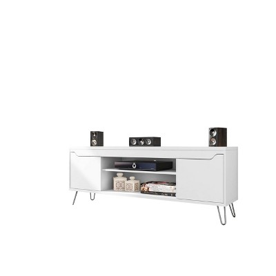 White Modern TV Stand with Cabinet and Metal Legs
