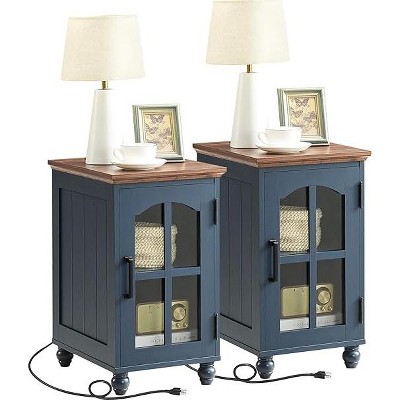 Gericco Narrow Side Table,Farmhouse Nightstand with Charging Station,End Table with Glass Barn Door Storage