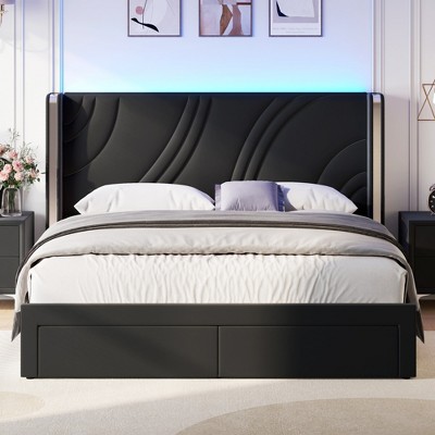 Merax Modern Velvet Upholstered LED Bed Frame with Wingback Headboard & Storage Drawers