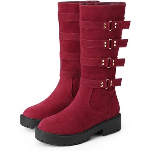 BLISSFUL STEP Women's Round Toe Buckle Chunky Heel Knee High Platform Boots - 1 of 4