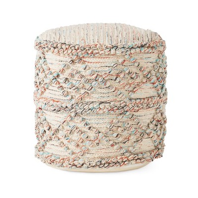 Tilden Boho Fabric Cylinder Pouf Ivory/Blue/Orange - Christopher Knight Home