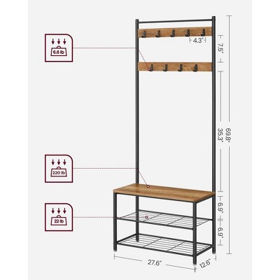 Rustic Brown and Black Hall Tree with Storage Bench