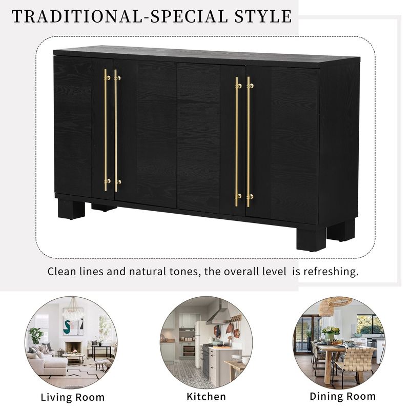 60" Traditional Style Sideboard, Storage Cabinet with Adjustable Shelves and Gold Handles 4M-ModernLuxe, 3 of 10