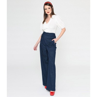 Unique Vintage Women's High Waist Wide Leg Tab Pants Denim