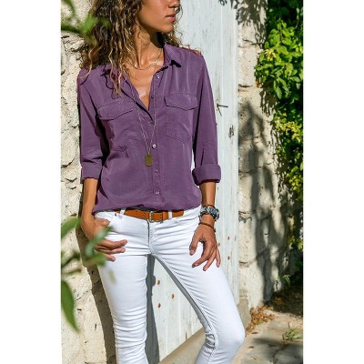 Mocamel Women's Pure Color Lapel Long Sleeve Loose Fit Cotton Shirt for Elegant Office Wear