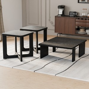 Wooakway 4-Piece Wooden Coffee Table Sets Modern 3 Splicing Design Coffee Tables with End Table Living Room Table Set Black/Natural Wood/Walnut - 1 of 4