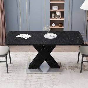 CENGHU Modern Square Dining Table, Printed Black Marble Table Top, MDF X-Shape Table Leg with Metal Base, Stretchable End Table for Dining Room - 1 of 4