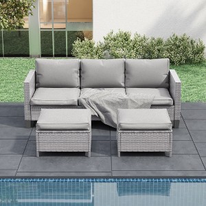 Sonkuki 3-Seater Patio Sofa Set Brown/Gray Rattan with Ottomans - 1 of 4