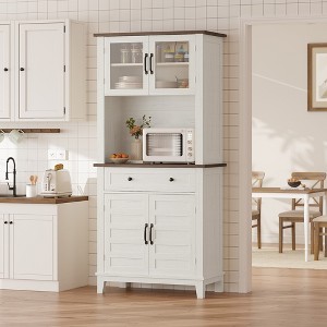 72 in Tall Kitchen Pantry Cabinet, Kitchen Hutch Bar Cabinet with Microwave Stand, Cupboard with Drawers Glass Doors for Dining Room, White - 1 of 4